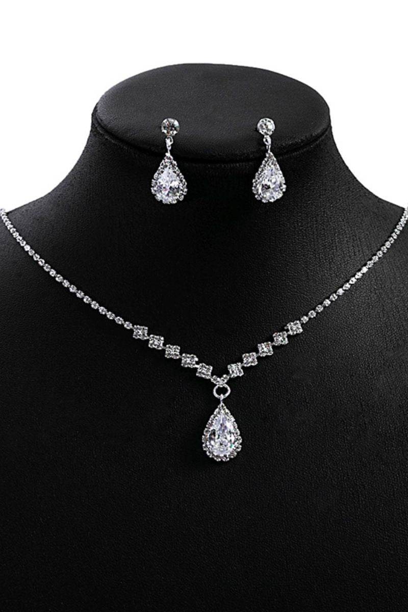 Wedding Zircon water drop pendant set chain Bridal rhinestone silver plated necklace earrings 2-piece wedding accessory set 561687881061 - COCOMELODY